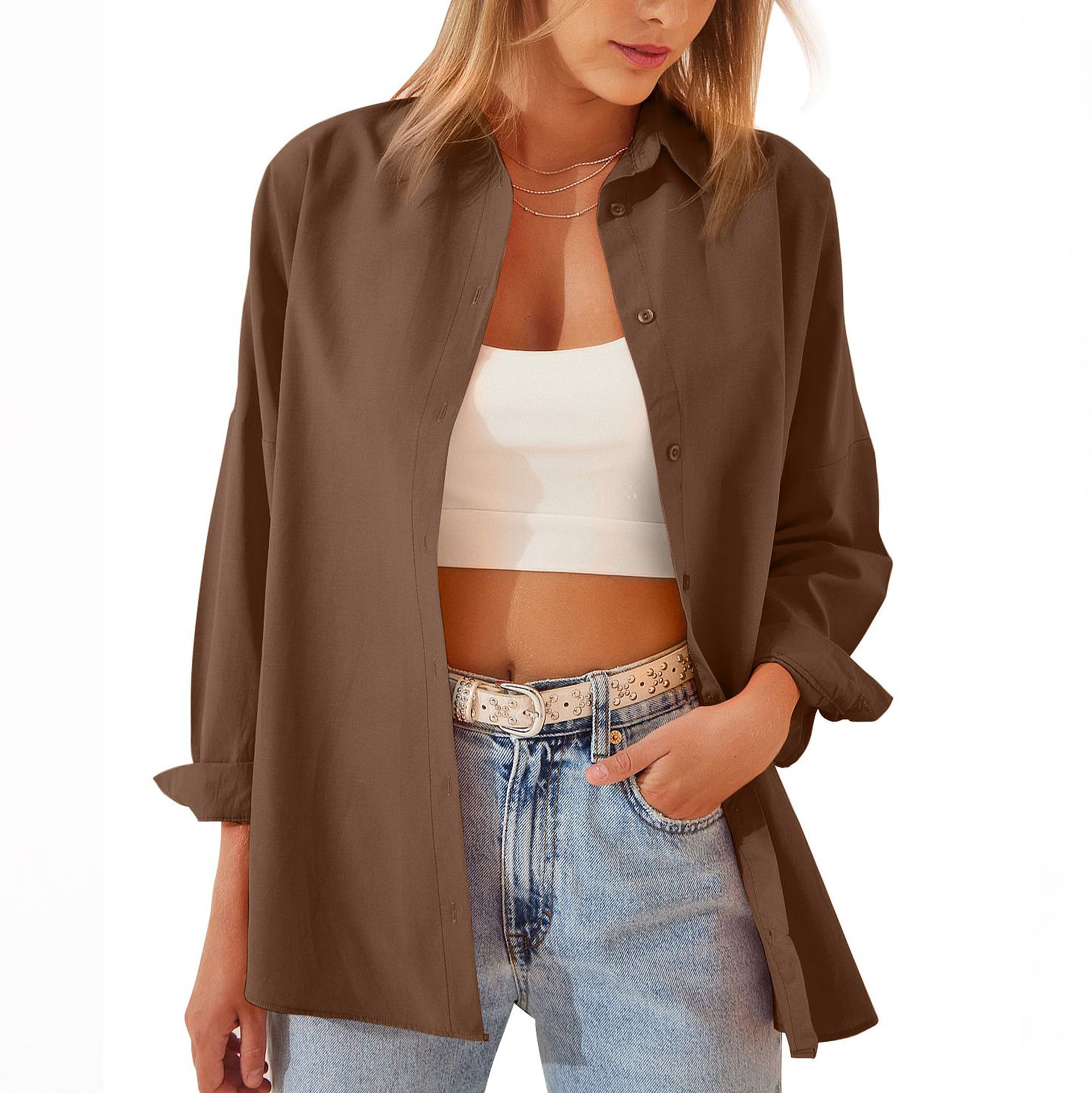 Women's Shirt Jacket Long Sleeve Blouse Button Down Tops Candy Color Shirt - AMAZEALL