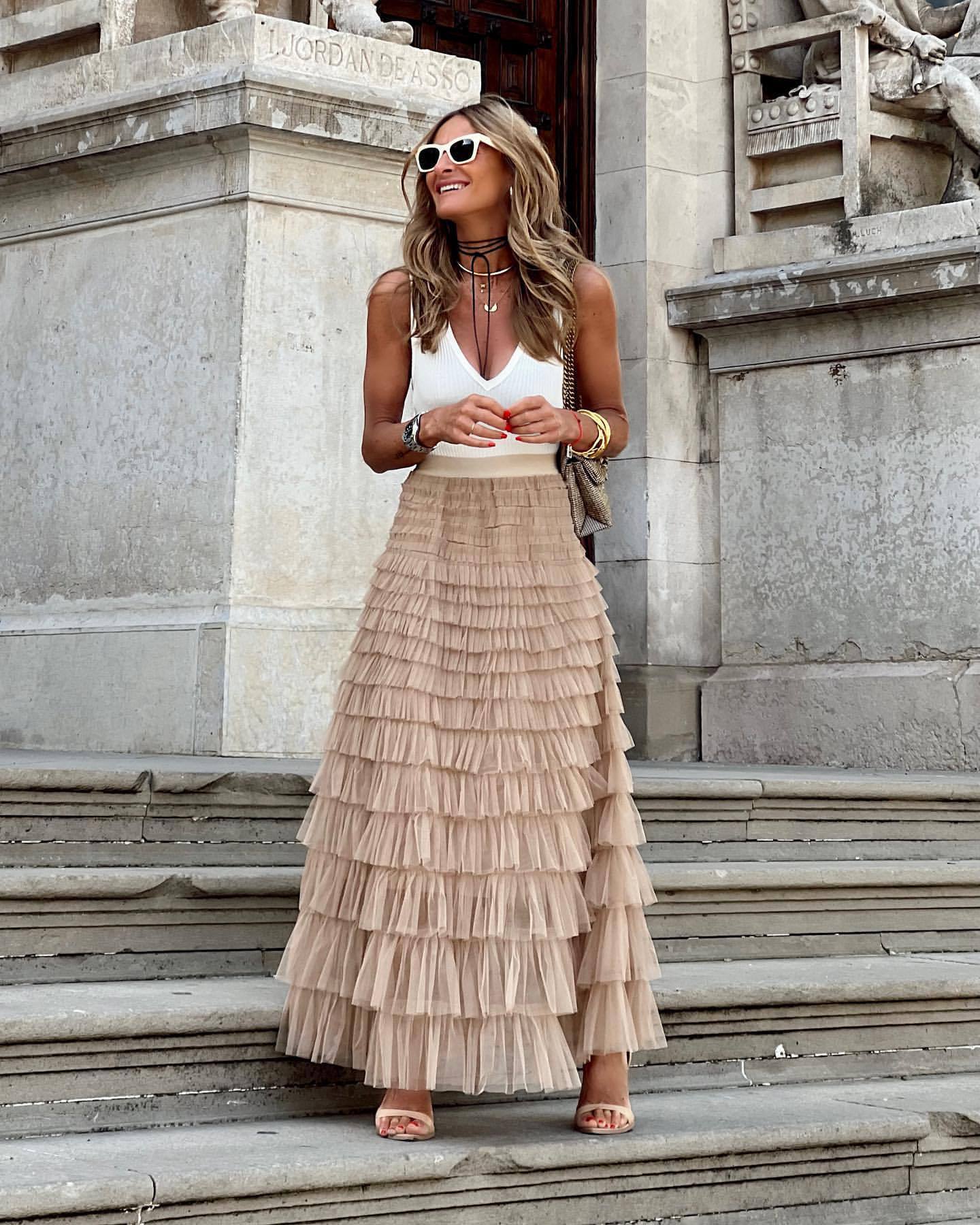 Layered Ruffles Cake Skirt Summer Fashion A Line Swing Mesh Long Skirt Party Dress Women - AMAZEALL