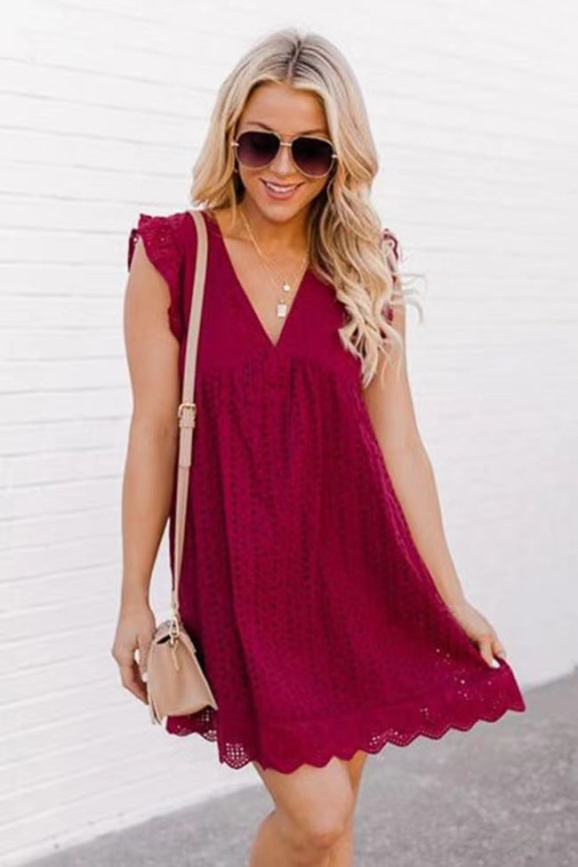 Lace Dresses With Pocket Summer Sleeveless Jacquard Cutout V-Neck Beach Dress - AMAZEALL