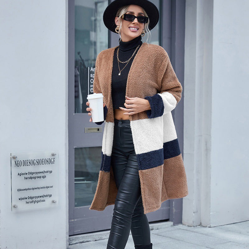 Double Sided Fur Color Block Mid-length Cardigan Trench Coat - AMAZEALL
