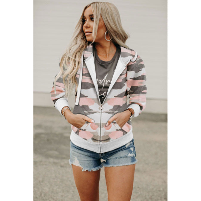 European And American Long Sleeve Printed Camouflage Hooded Zip Jacket - AMAZEALL