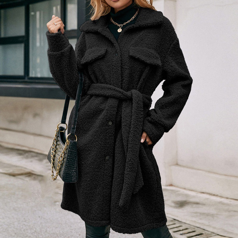 Mid Length Lapel Belted Single Breasted Plush Trench Coat - AMAZEALL
