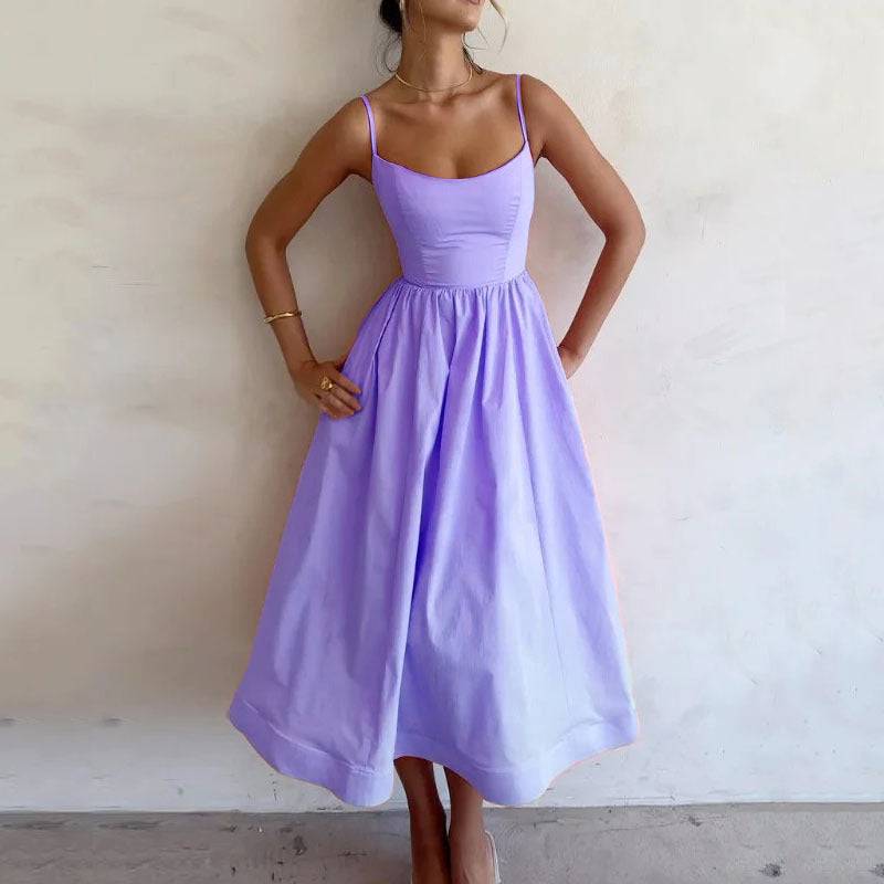 Women's Solid Color Printing Fresh Sweet Sexy Suspender Dress - AMAZEALL