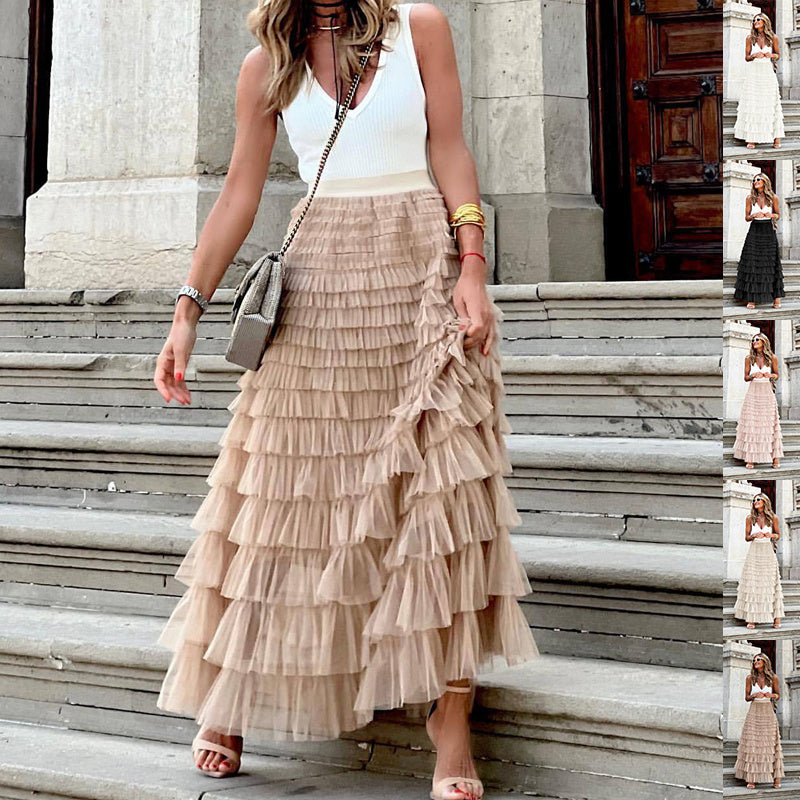 Layered Ruffles Cake Skirt Summer Fashion A Line Swing Mesh Long Skirt Party Dress Women - AMAZEALL