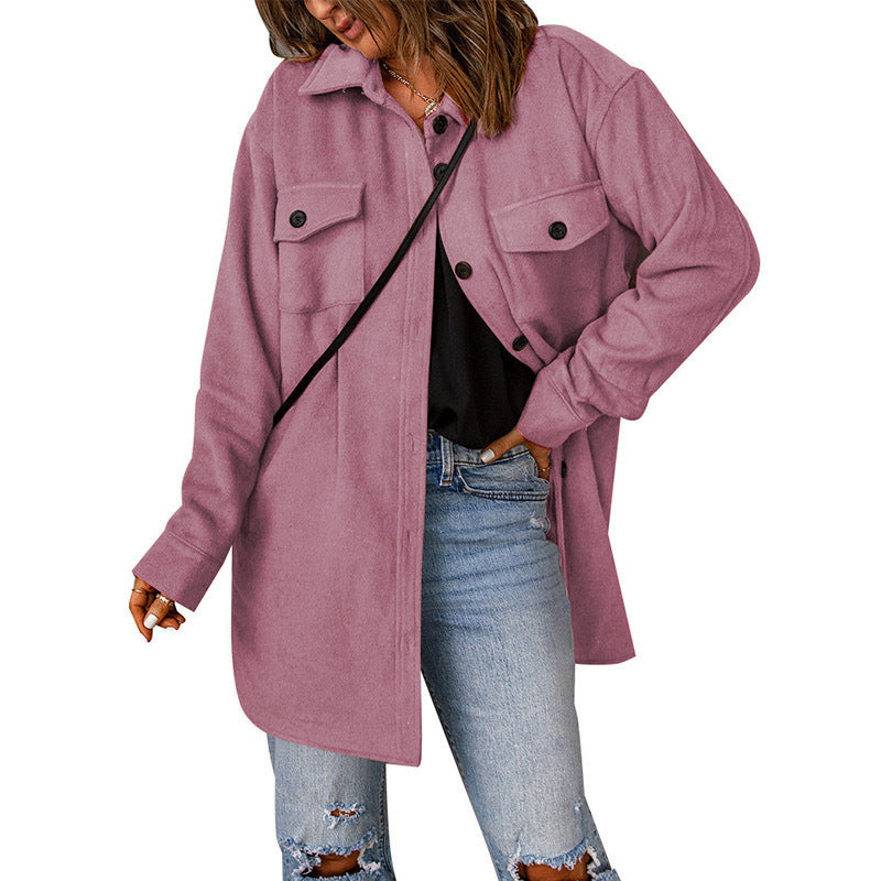 Women's Corduroy Solid Color Single Breasted Casual Lapel Woolen Jacket - AMAZEALL
