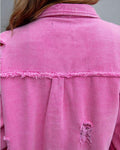 Women's Oversized Frayed Lightweight Denim Jacket Button Down Ripped Distressed Jean Shacket - AMAZEALL
