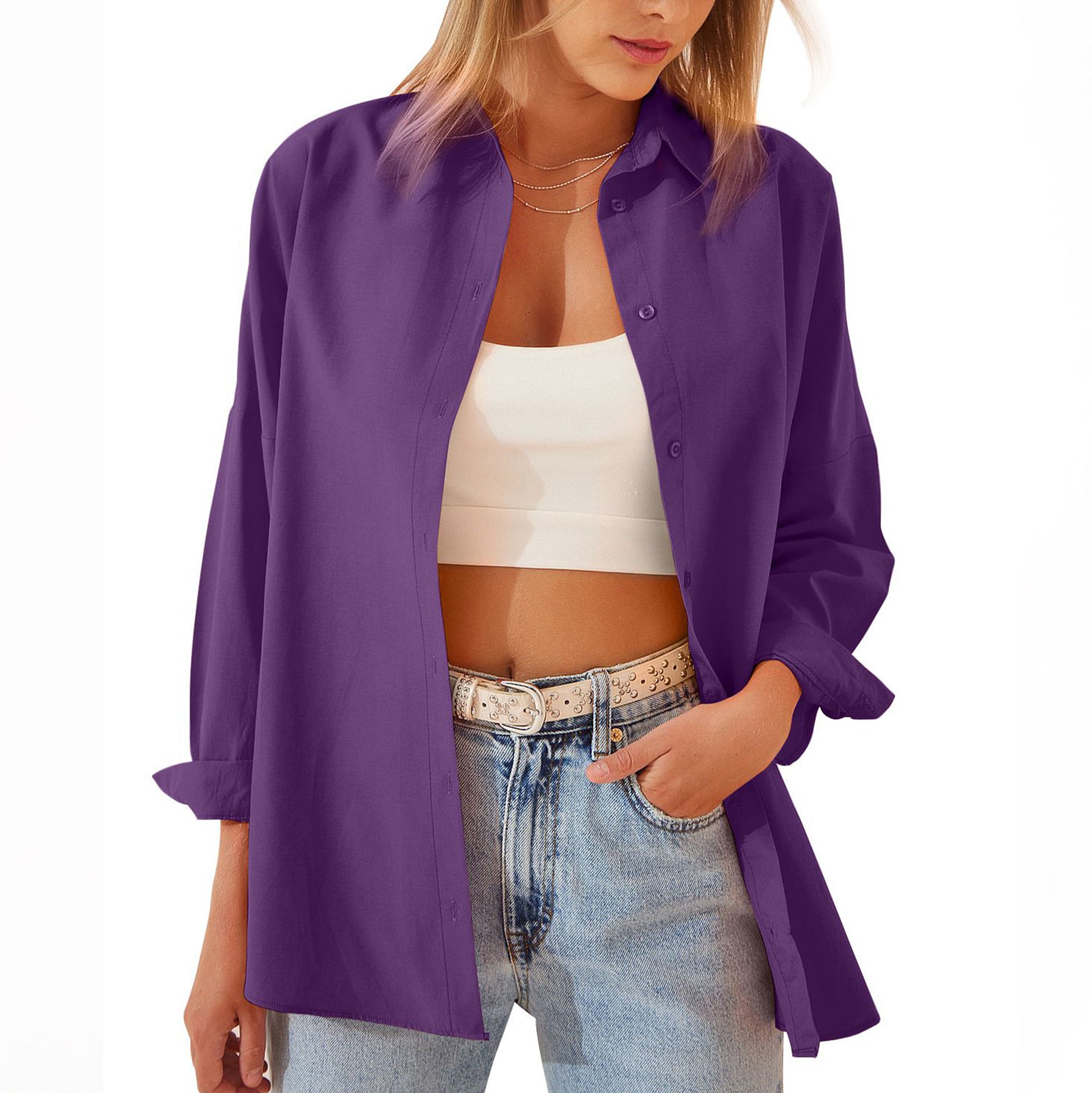 Women's Shirt Jacket Long Sleeve Blouse Button Down Tops Candy Color Shirt - AMAZEALL