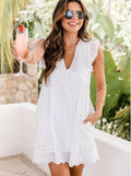 Lace Dresses With Pocket Summer Sleeveless Jacquard Cutout V-Neck Beach Dress - AMAZEALL