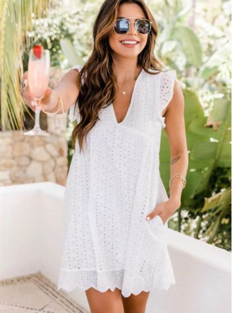 Lace Dresses With Pocket Summer Sleeveless Jacquard Cutout V-Neck Beach Dress - AMAZEALL