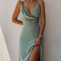 V-neck Slip Dress Low Cut Printed Slit Dress - AMAZEALL
