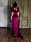 Elegant Puff Sleeve Pleated Slit Maxi Dress - AMAZEALL