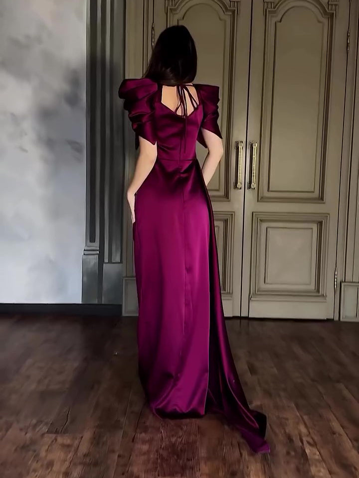 Elegant Puff Sleeve Pleated Slit Maxi Dress - AMAZEALL