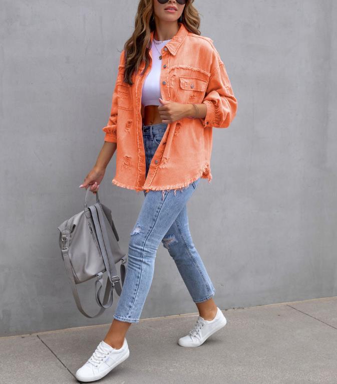 Women's Oversized Frayed Lightweight Denim Jacket Button Down Ripped Distressed Jean Shacket - AMAZEALL