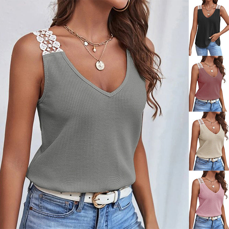 Waffle V-Neck Vest Sleeveless Lace Tank Shirt Tops Summer - AMAZEALL