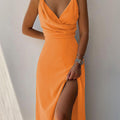 V-neck Slip Dress Low Cut Printed Slit Dress - AMAZEALL