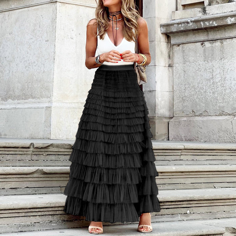 Layered Ruffles Cake Skirt Summer Fashion A Line Swing Mesh Long Skirt Party Dress Women - AMAZEALL
