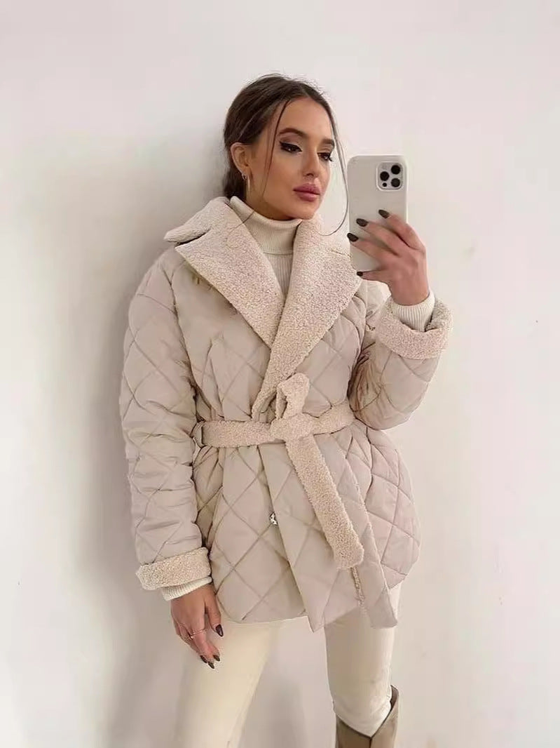 Winter Lapel Plaid Coat Fashion All-match Waist-tied Design Coat For Women Outwear Clothing - AMAZEALL