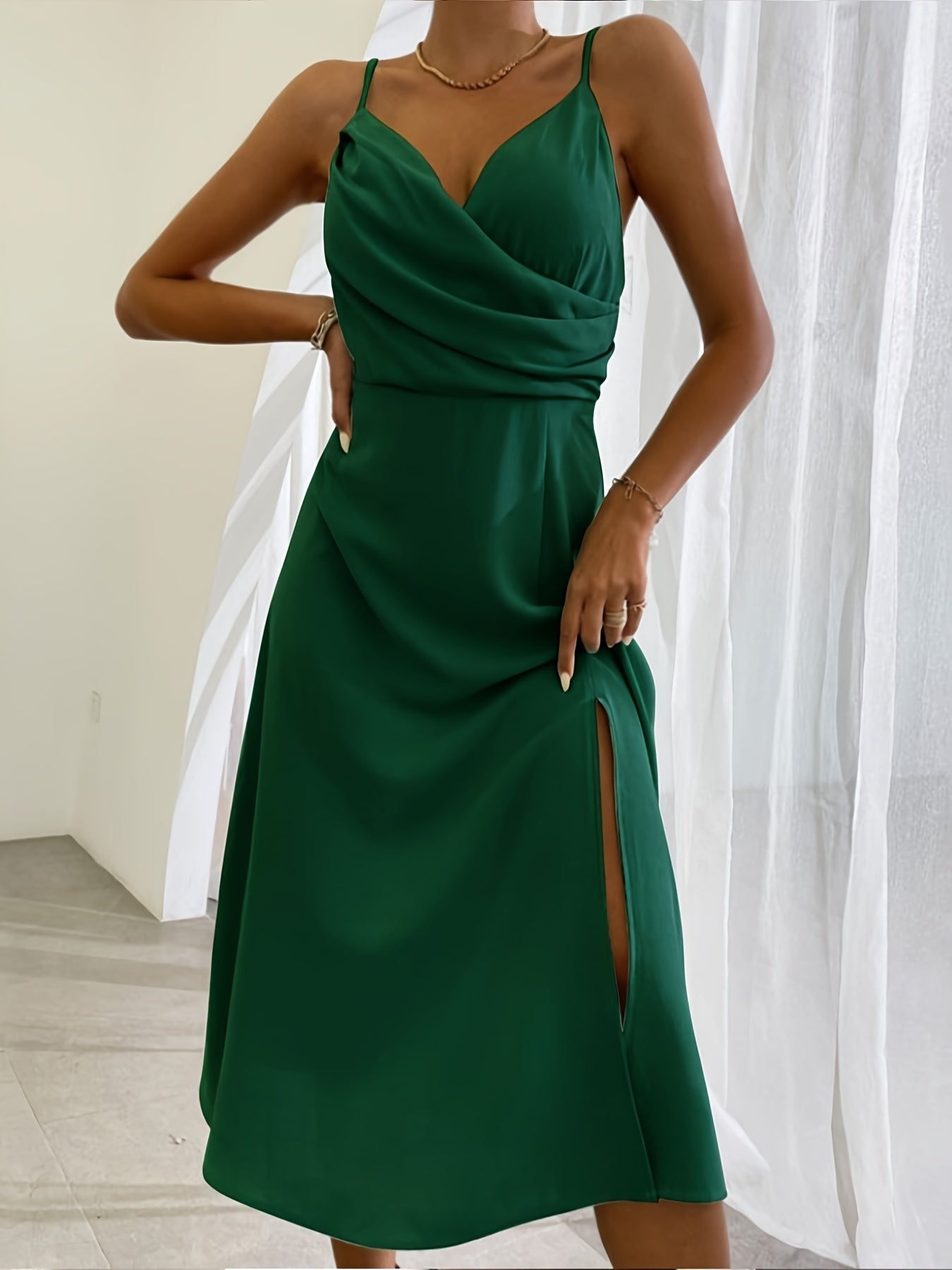 V-neck Slip Dress Low Cut Printed Slit Dress - AMAZEALL