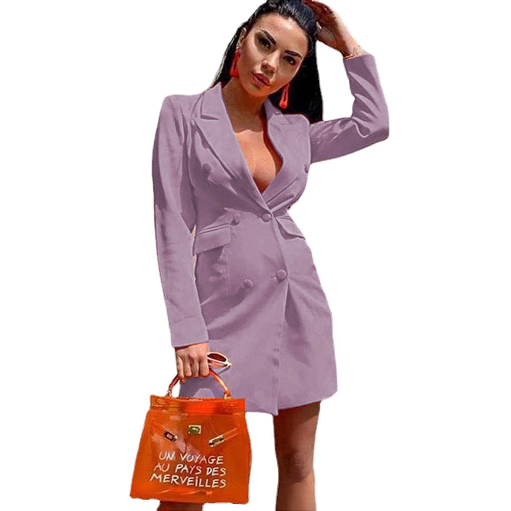New Summer Women's Fitted Double Breasted Long Sleeve Lapel Blazer - AMAZEALL