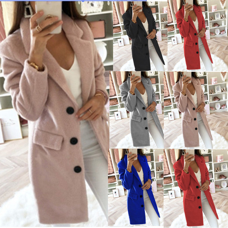 Solid Color Suit Collar Mid-Length Double-Breasted Woolen Coat - AMAZEALL