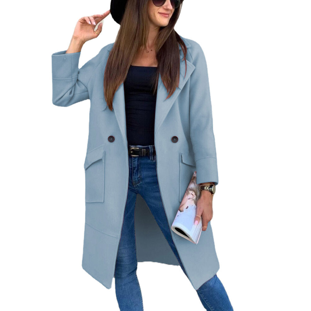 Autumn And Winter Solid Color Long-sleeved Suit Collar Button Pocket Wool Coat - AMAZEALL