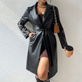 Long Sleeve Lapel PU Leather Jacket With Pockets Slim Fit Long Trench Coat Women's Clothing - AMAZEALL