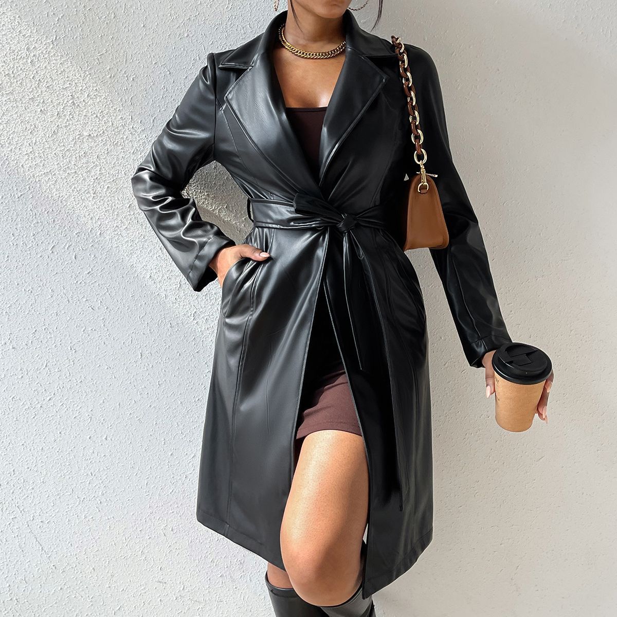 Long Sleeve Lapel PU Leather Jacket With Pockets Slim Fit Long Trench Coat Women's Clothing - AMAZEALL