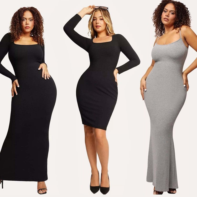 Round Neck Sleeved Slim Fitting Long Dress - AMAZEALL