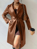 Long Sleeve Lapel PU Leather Jacket With Pockets Slim Fit Long Trench Coat Women's Clothing - AMAZEALL