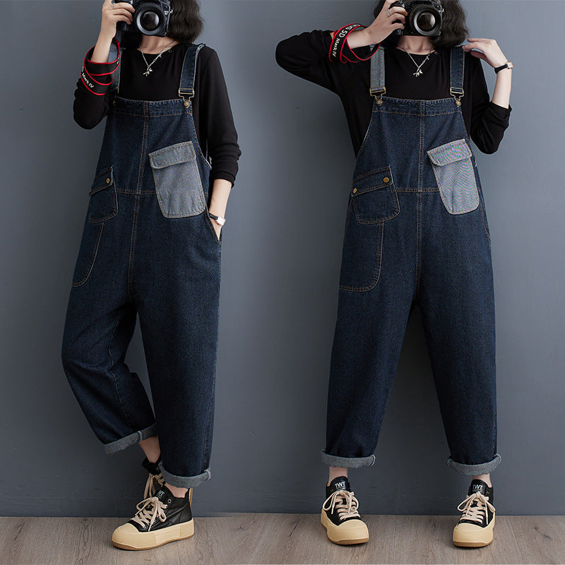 Cowboy overalls cropped pants women's age reducing loose wide leg jumpsuit - AMAZEALL
