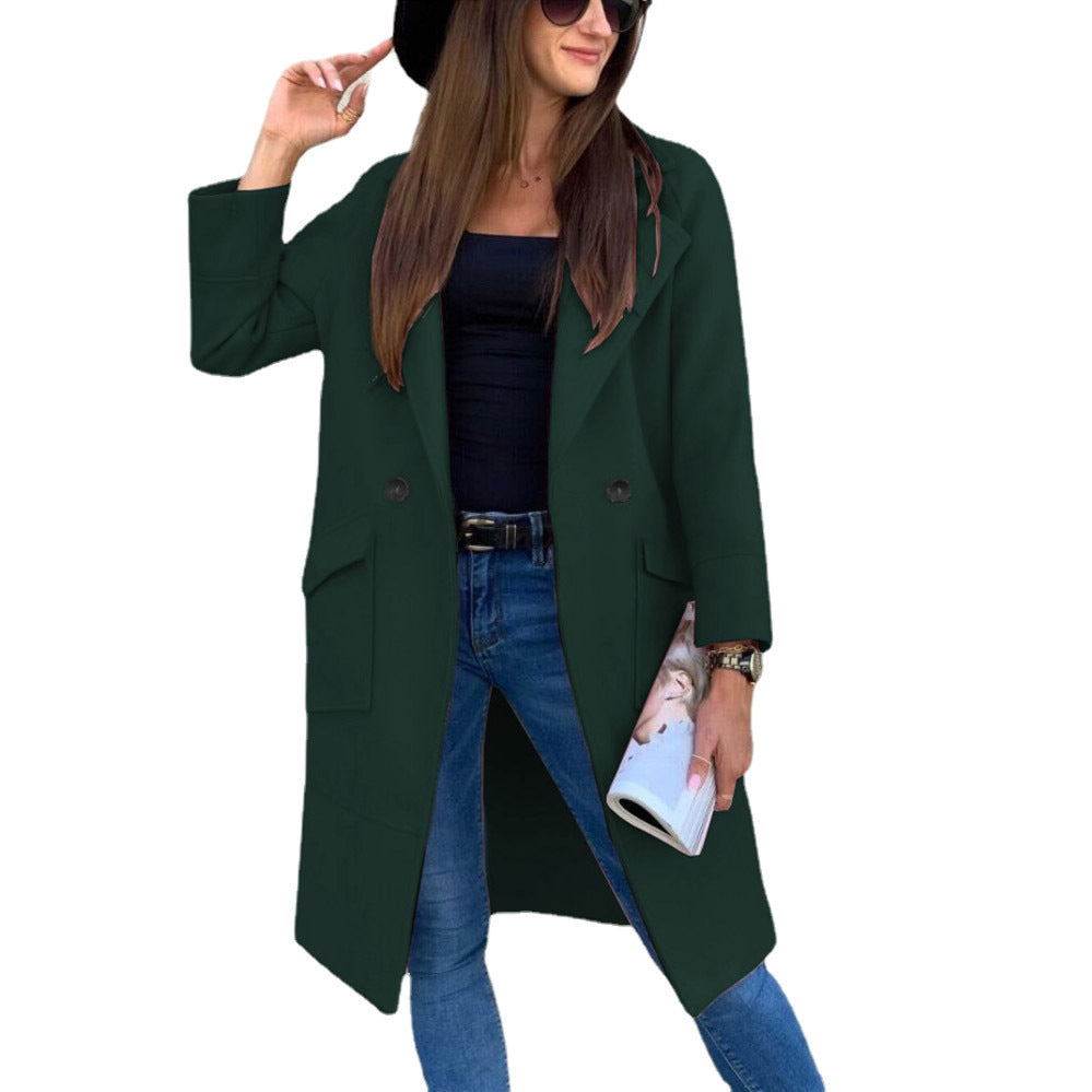 Autumn And Winter Solid Color Long-sleeved Suit Collar Button Pocket Wool Coat - AMAZEALL