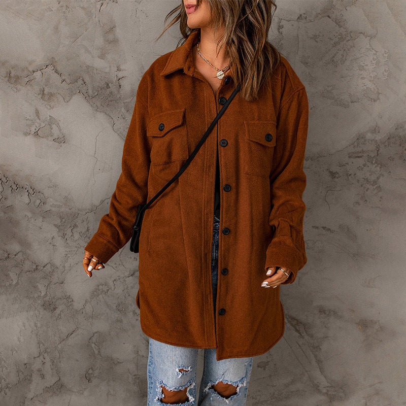 Women's Corduroy Solid Color Single Breasted Casual Lapel Woolen Jacket - AMAZEALL