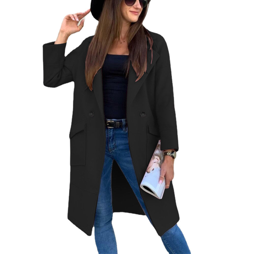 Autumn And Winter Solid Color Long-sleeved Suit Collar Button Pocket Wool Coat - AMAZEALL