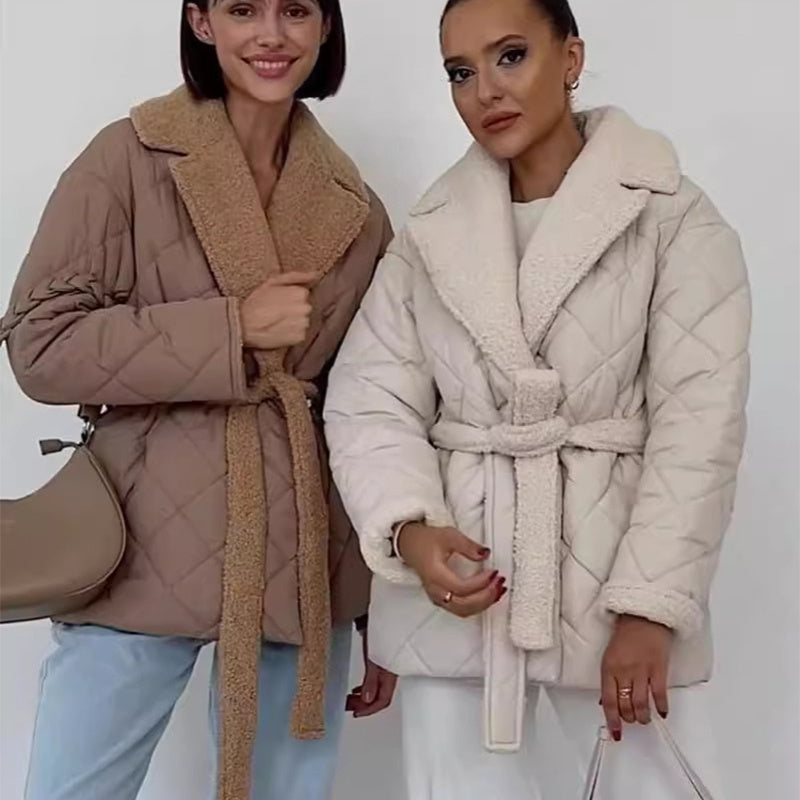 Winter Lapel Plaid Coat Fashion All-match Waist-tied Design Coat For Women Outwear Clothing - AMAZEALL