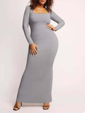 Round Neck Sleeved Slim Fitting Long Dress - AMAZEALL