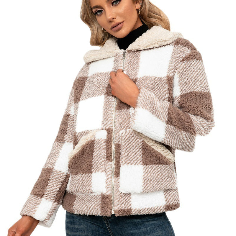 Casual Check Plush Lapel Jacket Lamb Fleece Check Pocket  Top - AMAZEALL