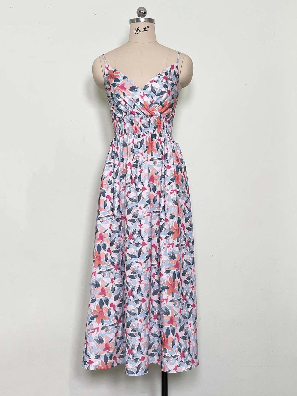 Fashionable Deep V Printed Slip Dress Summer - AMAZEALL