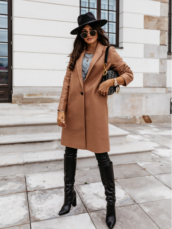 Solid Color Lapel Mid Length Button Wool Coat - AMAZEALL