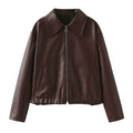 Solid Color Lapel Zipper Jacket Fashion Casual Long Sleeve Leather Coat Tops Women Clothing - AMAZEALL