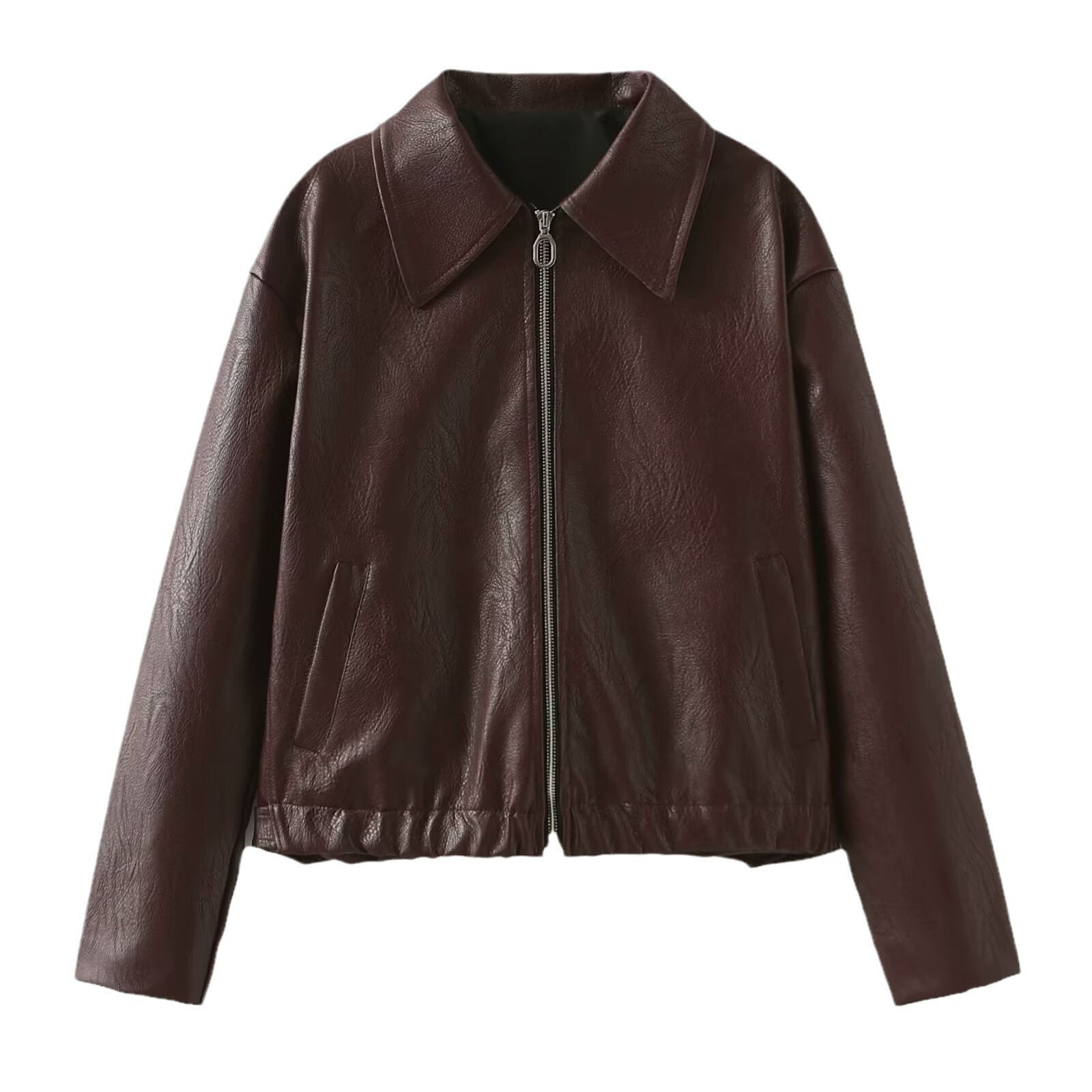 Solid Color Lapel Zipper Jacket Fashion Casual Long Sleeve Leather Coat Tops Women Clothing - AMAZEALL
