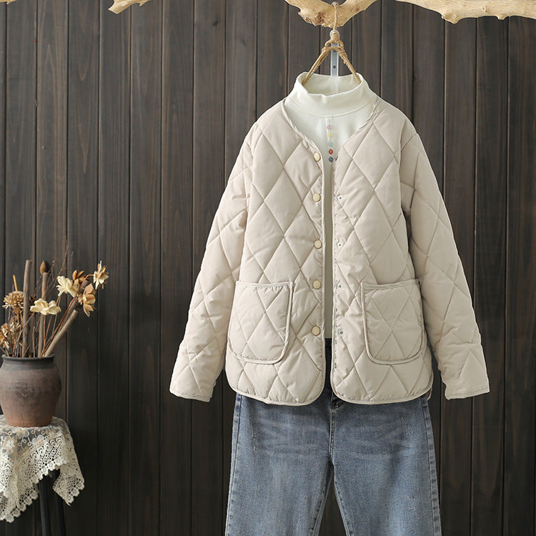 Winter Rhombus Sewing Coat With Pockets Warm Round-neck Button Jacket Lightweight Outerwear For Women's Clothing - AMAZEALL