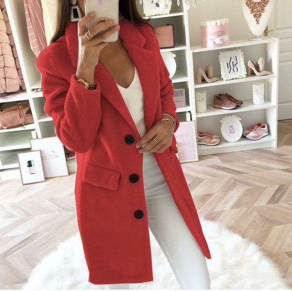 Solid Color Suit Collar Mid-Length Double-Breasted Woolen Coat - AMAZEALL
