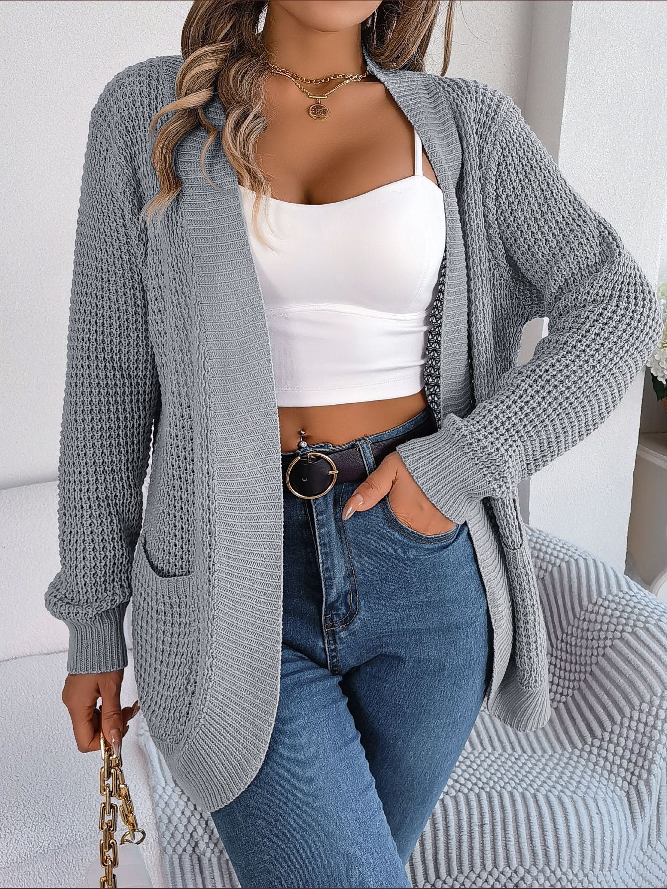 Autumn And Winter Casual Pocket Long Sleeve Knitted Sweater Cardigan Jacket - AMAZEALL