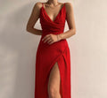 V-neck Slip Dress Low Cut Printed Slit Dress - AMAZEALL