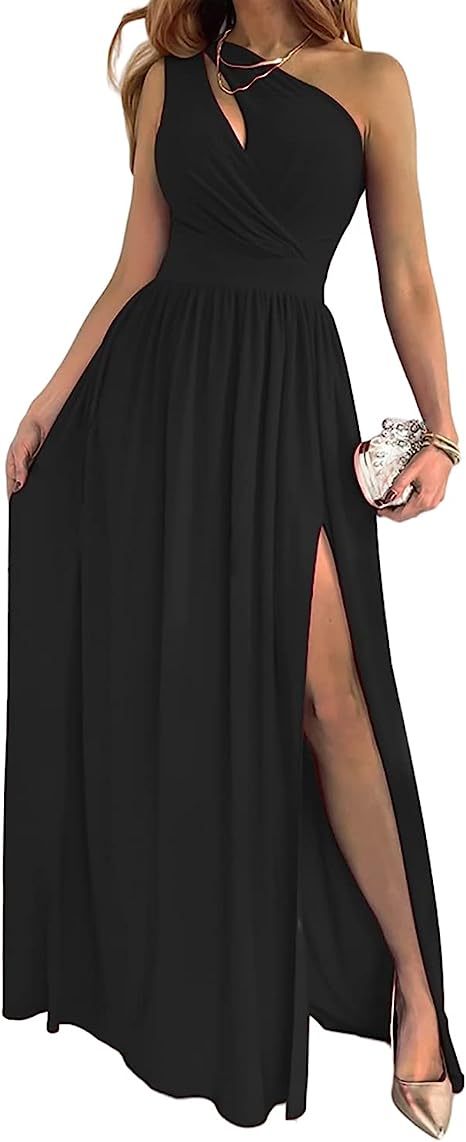 Women's One Shoulder High Split Cutout Sleeveless Elegant Sexy Cocktail Maxi Dress - AMAZEALL