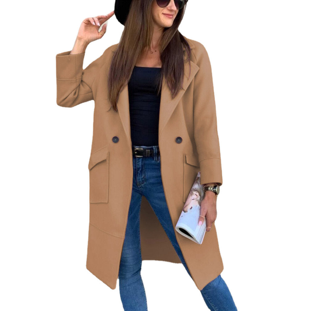 Autumn And Winter Solid Color Long-sleeved Suit Collar Button Pocket Wool Coat - AMAZEALL