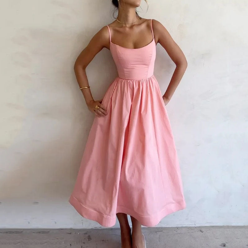 Women's Solid Color Printing Fresh Sweet Sexy Suspender Dress - AMAZEALL
