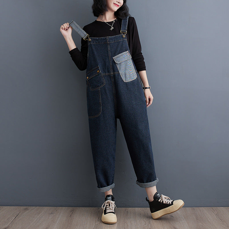 Cowboy overalls cropped pants women's age reducing loose wide leg jumpsuit - AMAZEALL