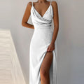V-neck Slip Dress Low Cut Printed Slit Dress - AMAZEALL