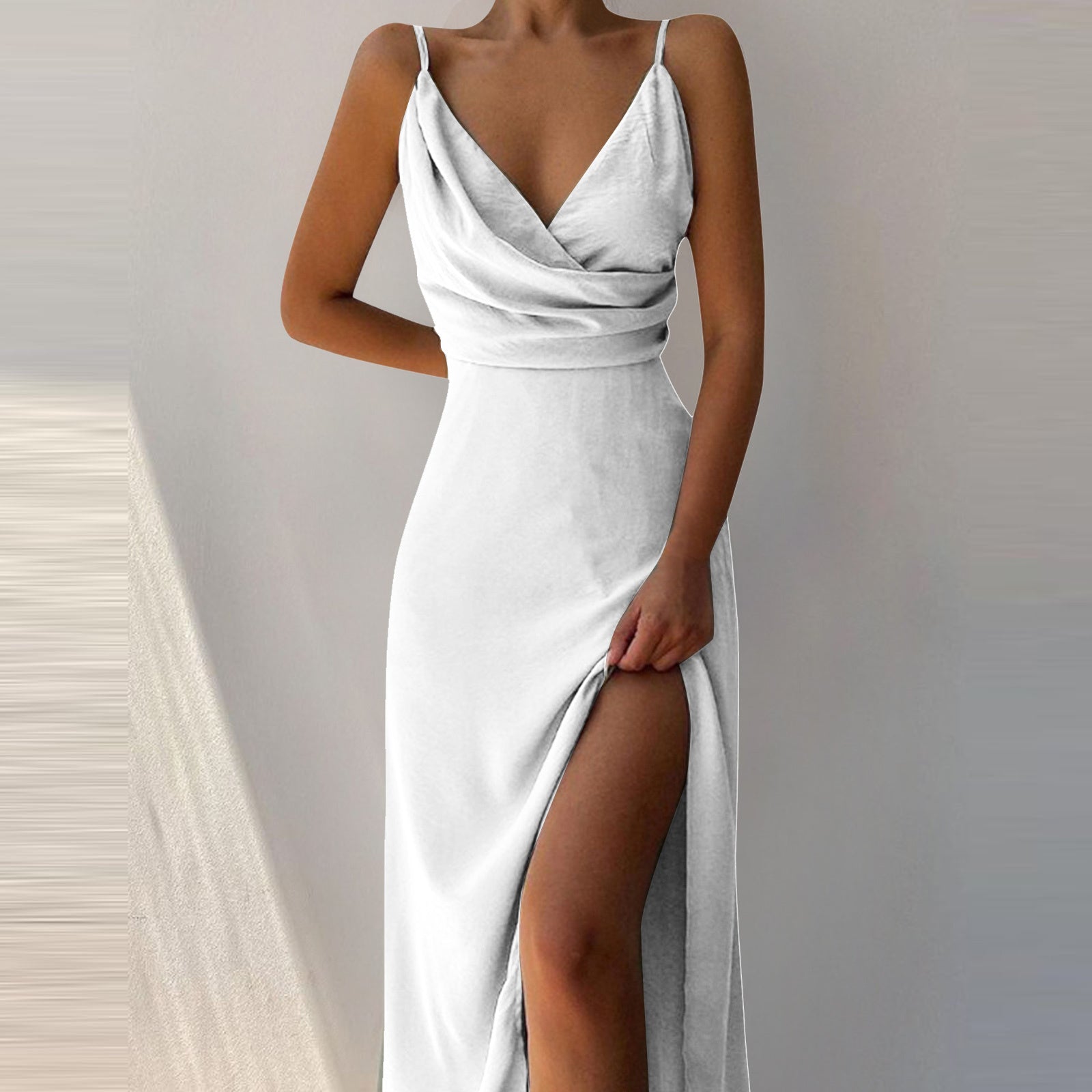 V-neck Slip Dress Low Cut Printed Slit Dress - AMAZEALL